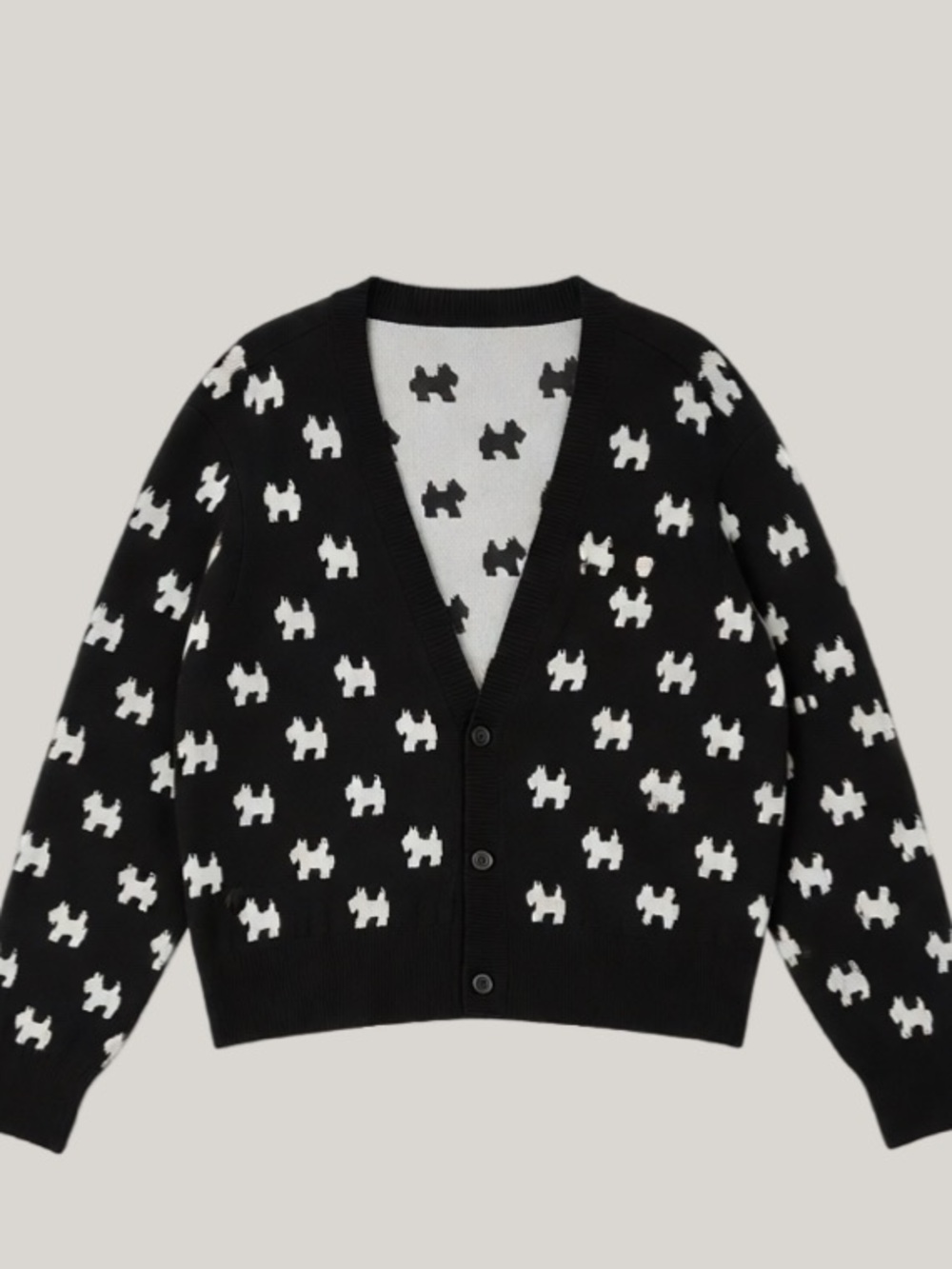 Reversible Black & White Dog Motif V-Neck Cardigan
